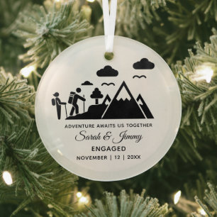 Christmas Minimalist Mountain Hike Engaged Couple Glass Tree Decoration