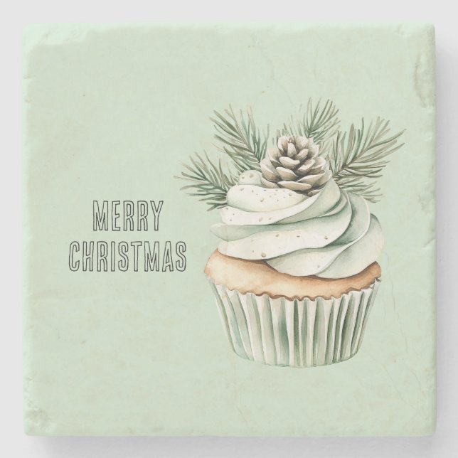 Christmas Mint Pine Cone Cupcake Stone Coaster (Front)