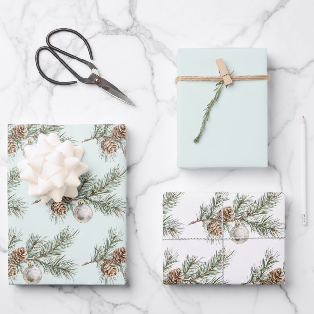 Christmas Mint Pine Cones Branch Ornament Wrapping Paper Sheet (Front)