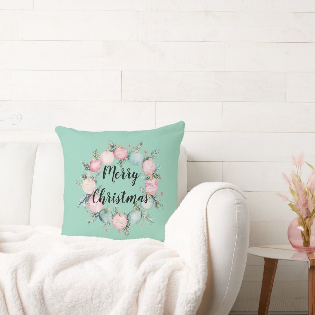 Christmas Mint Pink Ornament Wreath  Cushion (Couch)