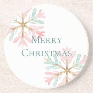 Christmas Mint Pink Snowflakes on White Coaster