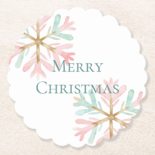 Christmas Mint Pink Snowflakes on White Paper Coaster