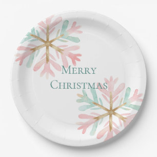 Christmas Mint Pink Snowflakes on White Paper Plate