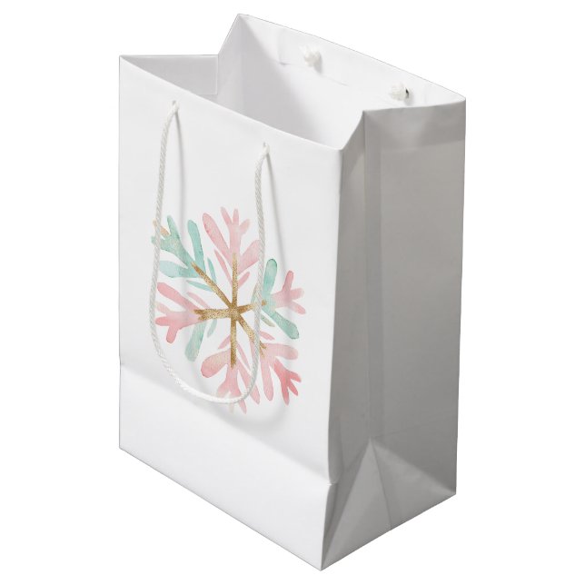 Christmas Mint Pink White Snowflake Medium Gift Bag (Front Angled)