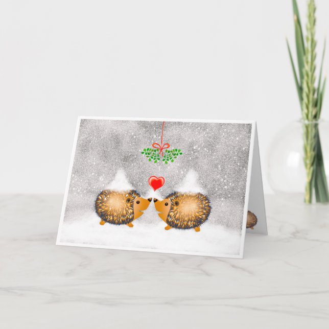 Christmas Misletoe Love Cute Hegdehogs in Snow Holiday Card (Front)