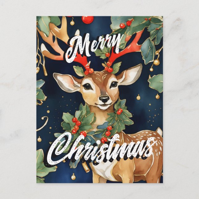 Christmas Mistletoe Deer Greeting Postcard (Front)