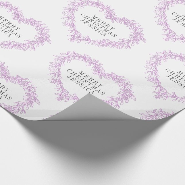 Christmas mistletoe drawing heart purple white wrapping paper (Corner)