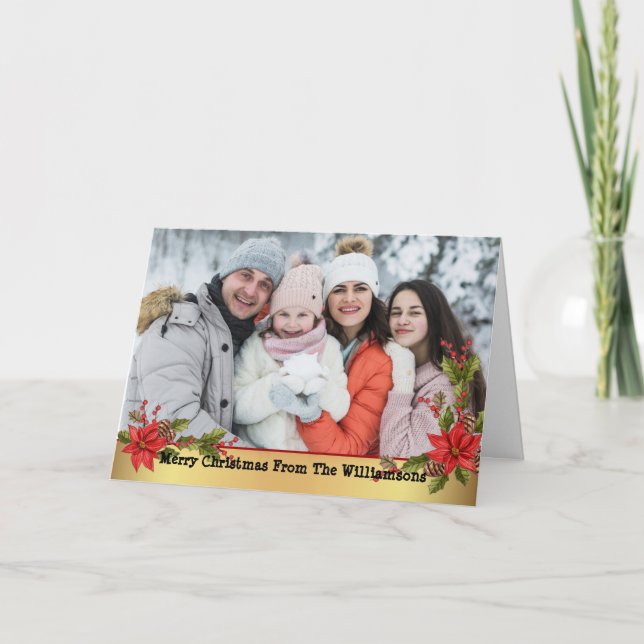 Christmas Mistletoe Gold Ribbon Christmas Photo Holiday Card (Front)
