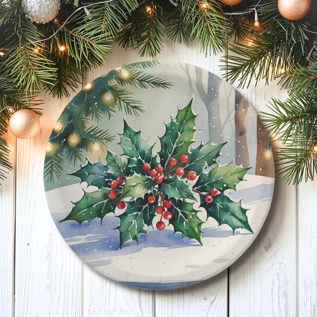 Christmas Mistletoe Holiday Watercolor Paper Plate (Creator Uploaded)