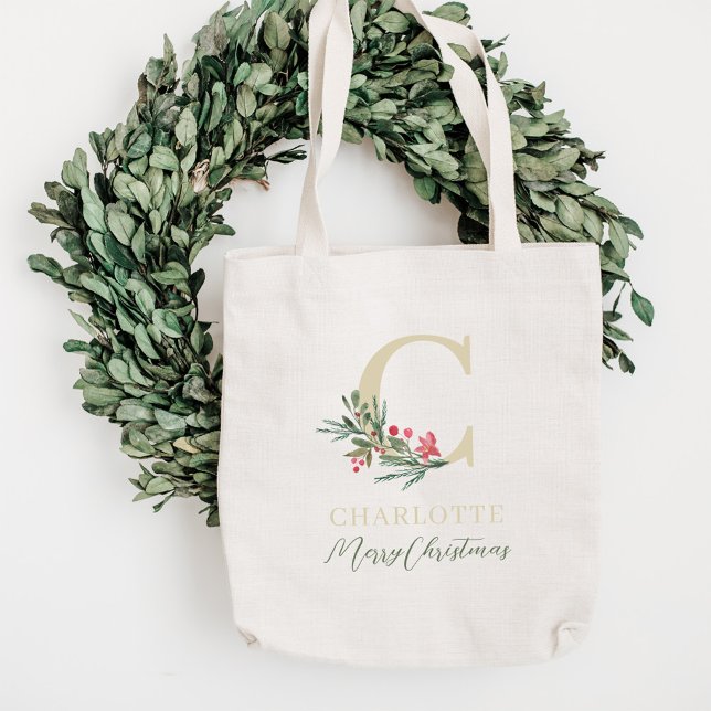 Christmas Mistletoe Monogram Holiday Gift Tote Bag (Creator Uploaded)