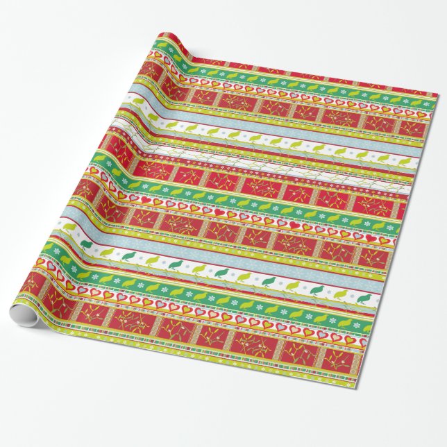 Christmas mistletoe partridge heart stripe pattern wrapping paper (Unrolled)