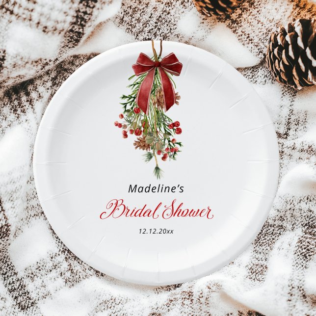 Christmas Mistletoe Red Bow Bridal Shower Paper Plate (Creator Uploaded)
