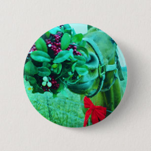 Christmas Mistletoe Teal Horse 6 Cm Round Badge