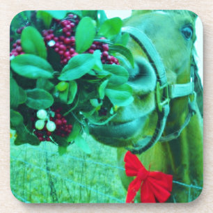 Christmas Mistletoe Teal Horse Coaster