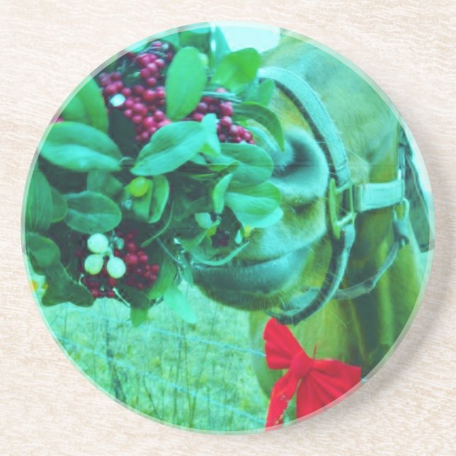 Christmas Mistletoe Teal Horse Coaster (Front)