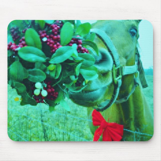 Christmas Mistletoe Teal Horse Mouse Pad (Front)