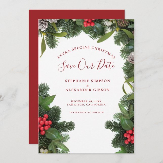 Christmas Mistletoe Wedding Save The Date Card (Front/Back)