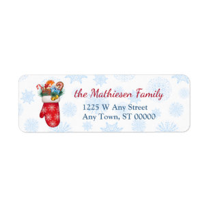 Christmas Mitten with Goodies Blue Snowflake Return Address Label