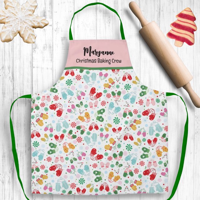 Christmas Mittens Candy Red Green Script Pattern Apron (Creator Uploaded)