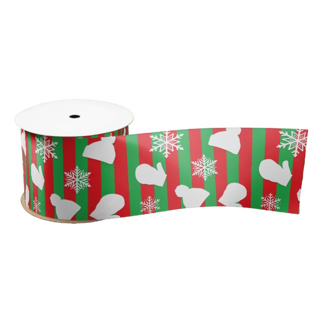 Christmas Mittens, Winter Hats and Snowflakes Red Satin Ribbon (Spool)