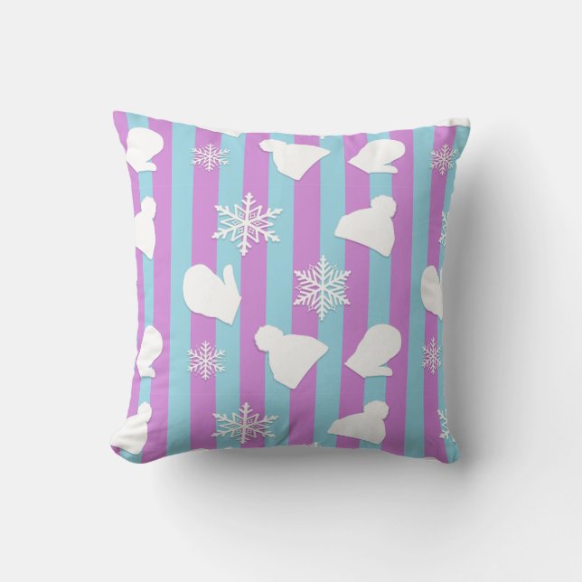 Christmas Mittens, Winter Hats and White Snowflake Cushion (Front)