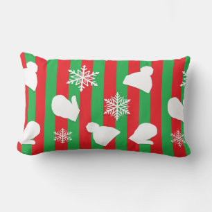 Christmas Mittens, Winter Hats and White Snowflake Lumbar Cushion