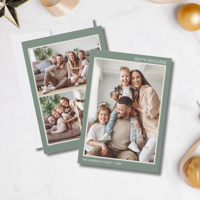Christmas Modern 4 Family Photo Collage Sage Green Holiday Card (Christmas Modern 4 Family Photo Collage Sage Green Holiday Card)