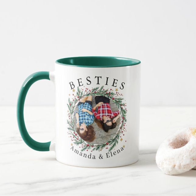 Christmas Modern Best Friends BFF Photo Names Mug (With Donut)