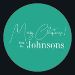 Christmas Modern Bright Green Family Classic Round Sticker<br><div class="desc">This is a modern, Merry Christmas design. It is in trending bright green and white and has the message, "Merry Christmas! from the Johnsons". Ideal for your Christmas gift wrap, mailing accessories. envelope seals, and party favour seals this festive season. To personalise, simply add your name in the personalise this...</div>