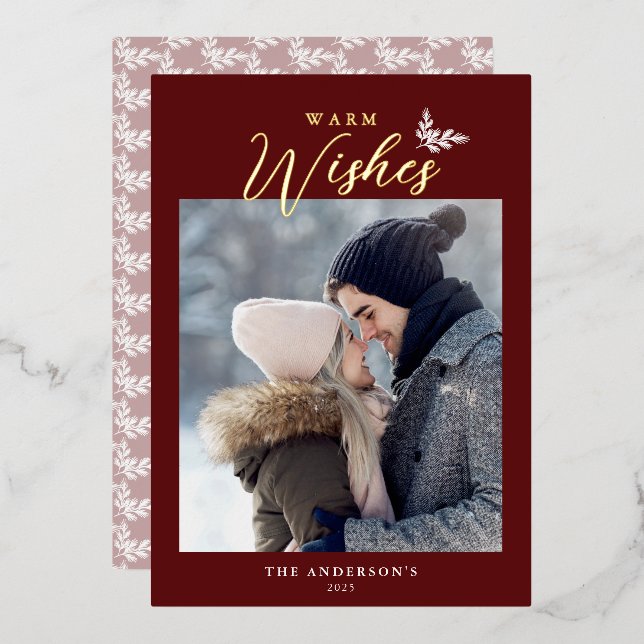 Christmas Modern Calligraphy Photo Red Gold Foil Holiday Card (Front/Back)