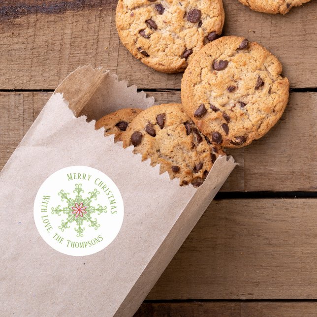 Christmas Modern Cute Red Green Colourful Snowflak Classic Round Sticker (Merry Christmas colorful red and green whimsical snowflake gift sticker. )