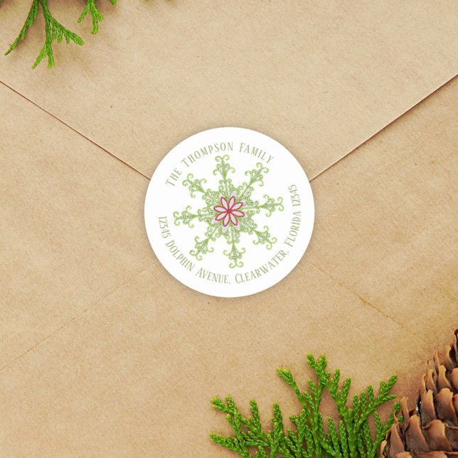 Christmas Modern Cute Return Address Snowflakes  Classic Round Sticker (Whimsical red and green Christmas snowflake circle return address label. )