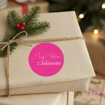 Christmas Modern Family Hot Pink Classic Round Sticker<br><div class="desc">This is a modern, Merry Christmas design. It is in trending hot pink and white and has the message, "Merry Christmas! from the Johnsons". Ideal for your Christmas gift wrap, mailing accessories. envelope seals, and party favour seals this festive season. To personalise, simply add your name in the personalise this...</div>