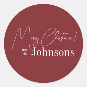 Christmas Modern Family Name Maroon Classic Round Sticker