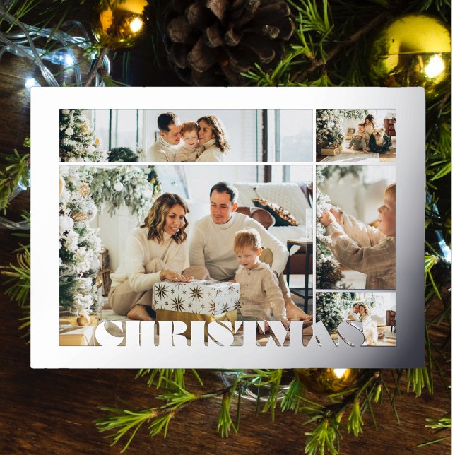 Christmas Modern Letters Five Photos Family Silver Foil Holiday Card (Creator Uploaded)