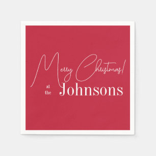 Christmas Modern Merry Christmas Family Name Red Napkin