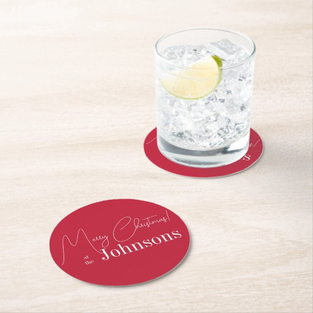 Christmas Modern Merry Christmas Family Name Red  Round Paper Coaster (Insitu)
