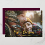 Christmas modern minimal photo script star purple foil holiday card<br><div class="desc">Real foil Gold,  silver and rose gold modern minimal merry Christmas stars photo holiday card. With a script text and real foil expensive looking classy modern traditional design,  burgundy back ground colour can be change to suit your style.</div>