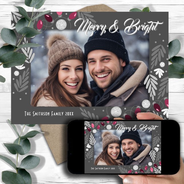 Christmas Modern Pink Lights One Photo  Invitation (Creator Uploaded)