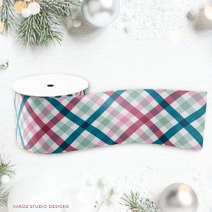 Christmas Modern Plaid Teal Magenta Pink Grosgrain Ribbon