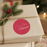 Christmas Modern Red Family Classic Round Sticker<br><div class="desc">This is a modern, Merry Christmas design. It is in festive red and white and has the message, "Merry Christmas! from the Johnsons". Ideal for your Christmas gift wrap, mailing accessories. envelope seals, and party favour seals this festive season. To personalise, simply add your name in the personalise this text...</div>