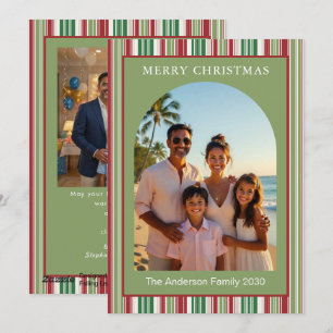 Christmas Modern Red Green Striped 2 Arc Photo Holiday Card