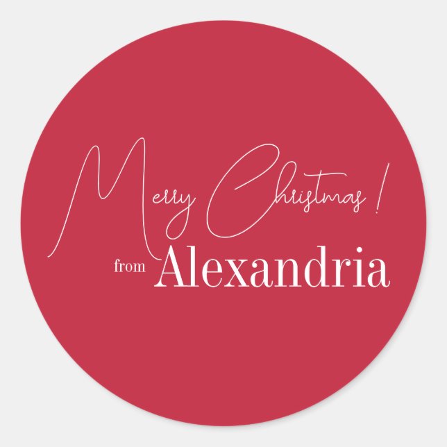 Christmas Modern Red Merry Christmas From Name Classic Round Sticker (Front)