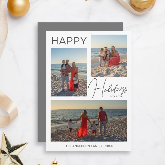 Christmas Modern Script 3 Photos Holiday Card (Christmas Modern Minimalist Photo Collage Holiday Card by MINTIC DESIGN STUDIO)