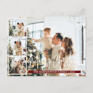 Christmas Modern Script Family Photo Collage Holiday Postcard