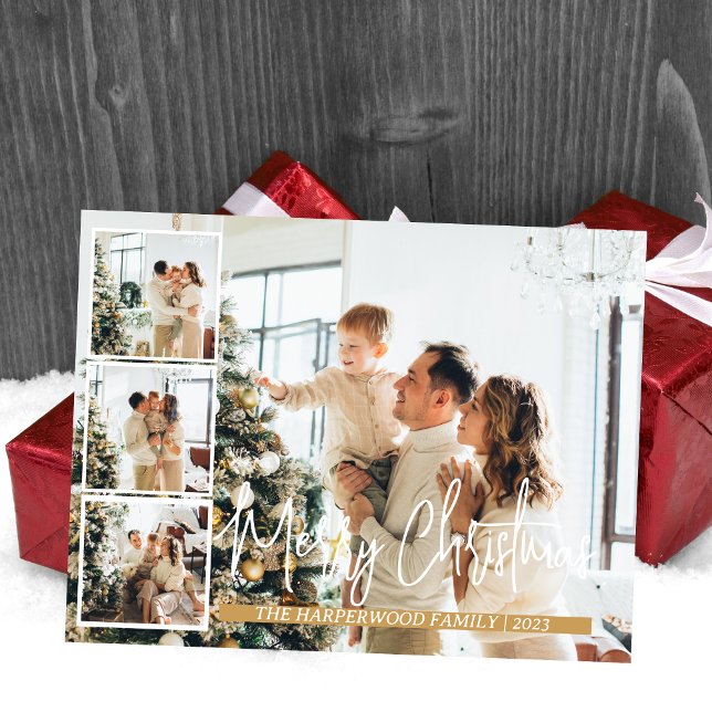  Christmas Modern Script Family Photo Collage Holiday Postcard (Creator Uploaded)