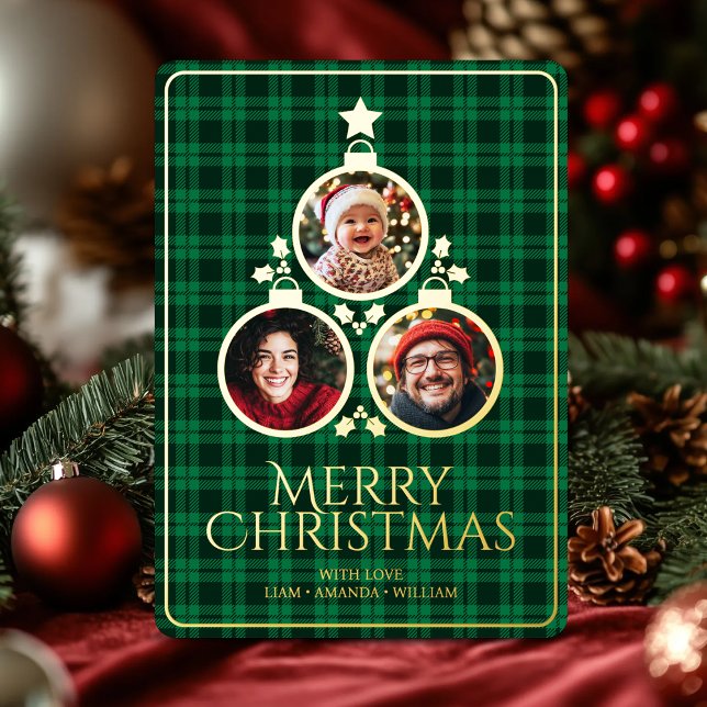 Christmas Modern Tartan Plaids Family Green Photo Foil Holiday Card (Christmas Modern Tartan Plaids Family Green Photo Foil Holiday Card)