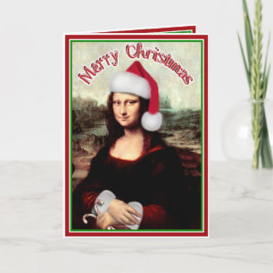 Christmas Mona Lisa With Santa Hat Holiday Card