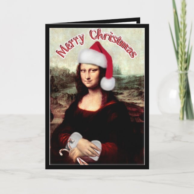 Christmas Mona Lisa With Santa Hat Holiday Card (Front)