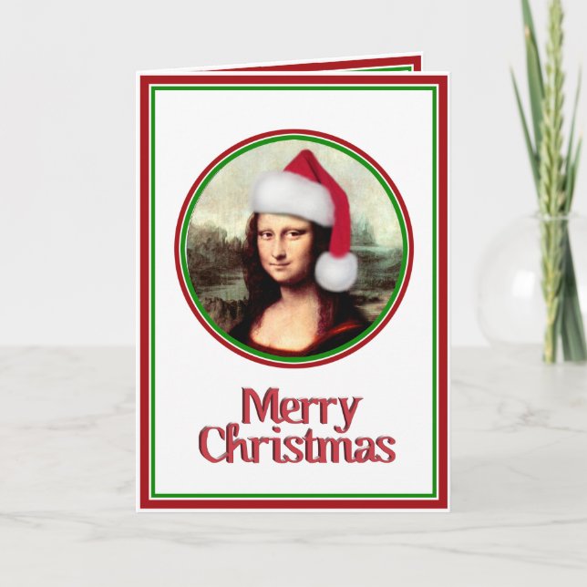 Christmas Mona Lisa With Santa Hat Holiday Card (Front)